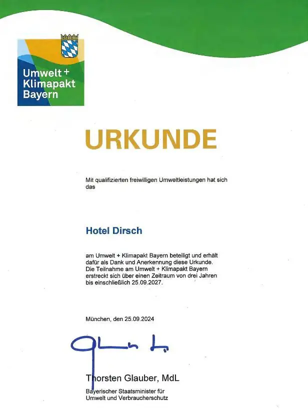 Urkunde Umwelt und Klimapakt Bayern Hotel Dirsch