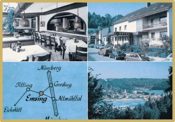 Historische Postkarte mit Ansichten aus Emsing und dem Hotel Dirsch