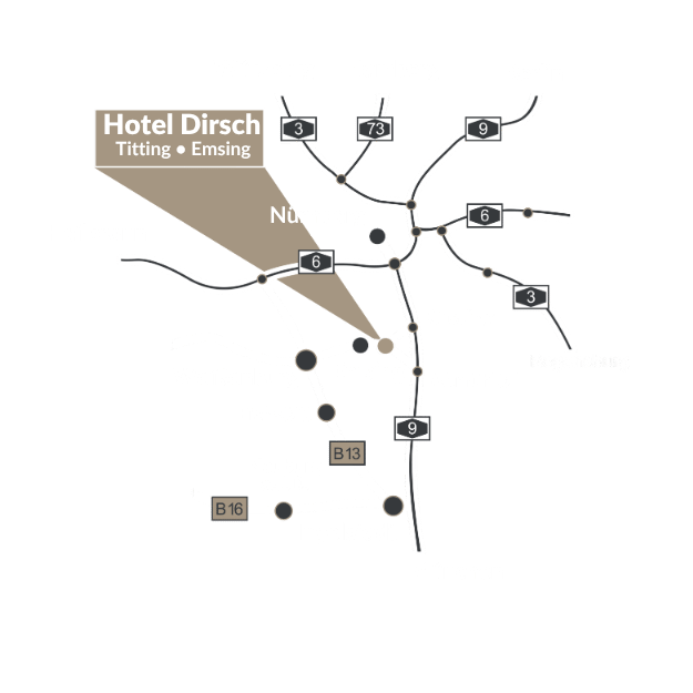 Anfahrtsspinne zum Hotel Dirsch in Emsing